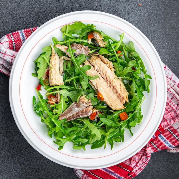 sardine salad fish green leaves mix healthy meal food snack on the table copy space food