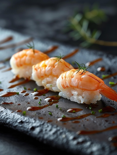 Sashimi Aburi Seared fish Amaebi Nigiri shrimp sushi noble background