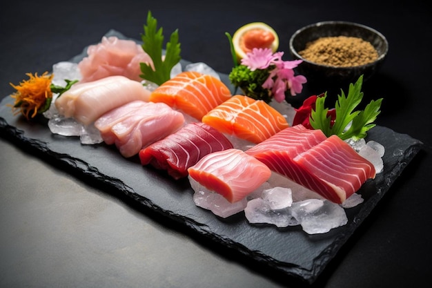 Photo sashimi assortment on stone slate