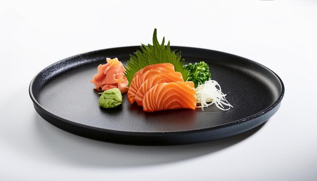 Photo sashimi on black plate with white background isolated