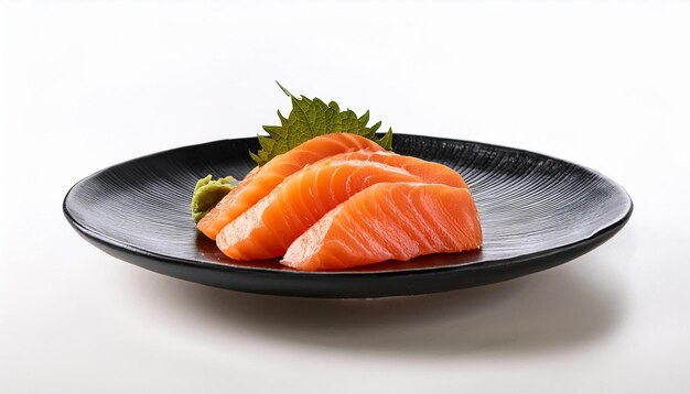 Photo sashimi on black plate with white background isolated