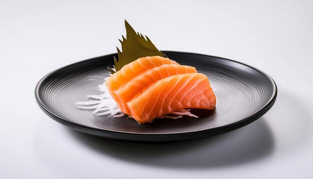 Photo sashimi on black plate with white background isolated