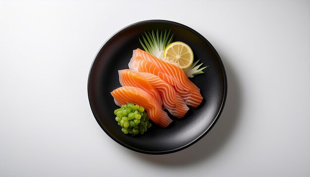 Photo sashimi on black plate with white background isolated