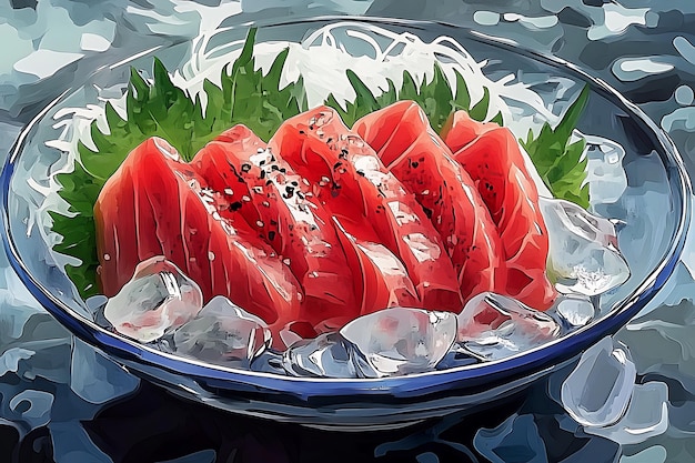 Photo sashimi a japanese delicacy served with ice daikon radish and japanese green leaves in a glass bowl