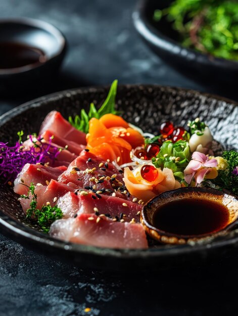 Photo sashimi slices displayed with garnishes and soy sauce