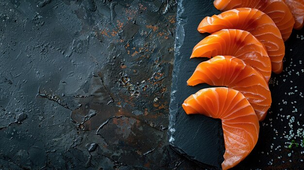 Sashimi slices of salmon on a dark textured background highlighting the freshness and quality of Asian cuisine