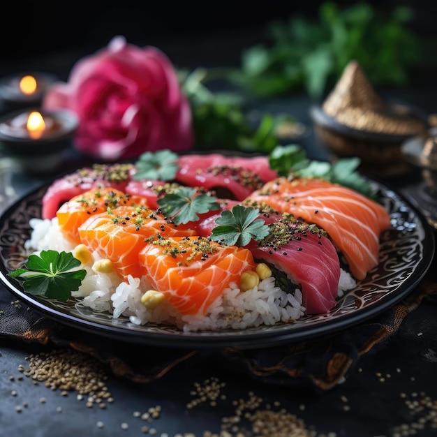 Sashimi sushi and roses on a romantic table setting