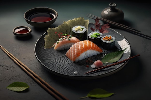 Sashimi sushi set with chopsticks and soy sauce on a dark background AI Generation