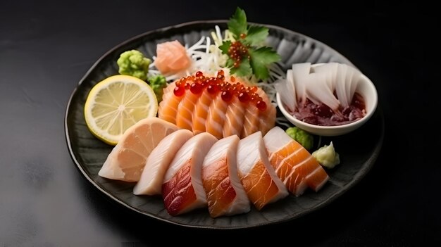 Photo sashimi sushi set with scallop on shell with daikon and lemon on plate on dark background