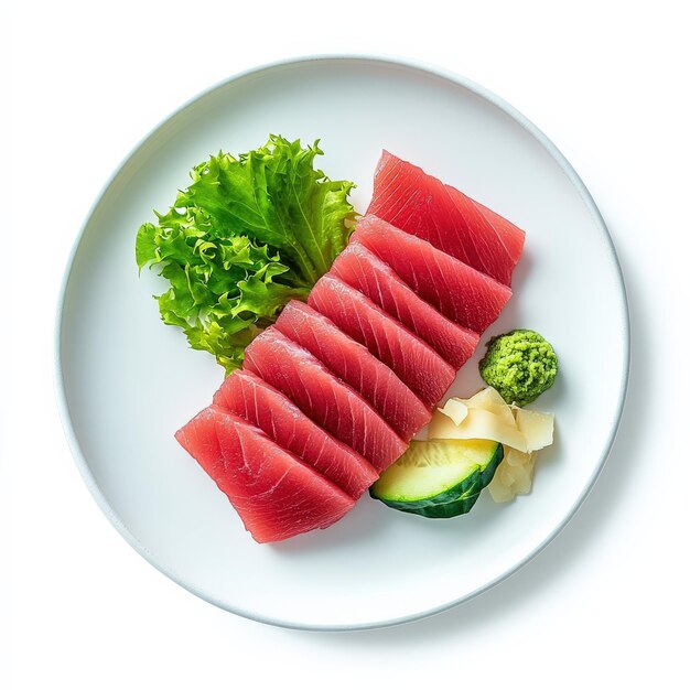 Photo sashimi of thinly sliced raw tuna garnished with lettuce cucumber and wasabi served on a white plate