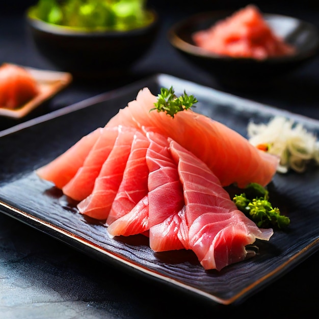 Photo sashimi thinly sliced tuna sashimi is placed on a black shiny square plate beautiful food photogra