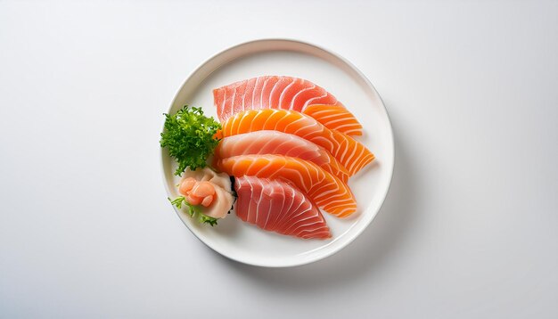 Photo sashimi on white plate with white background isolated