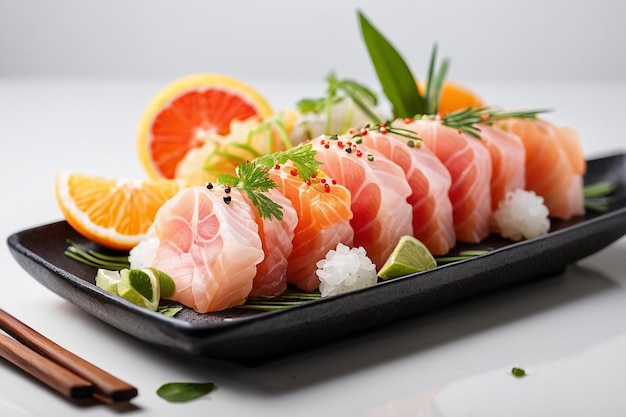 Photo sashimi with citrus garnish white background