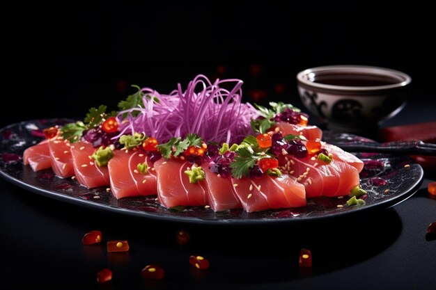 Photo sashimi with fiery dragon fruit sauce yummy delicious sashimi food image photography