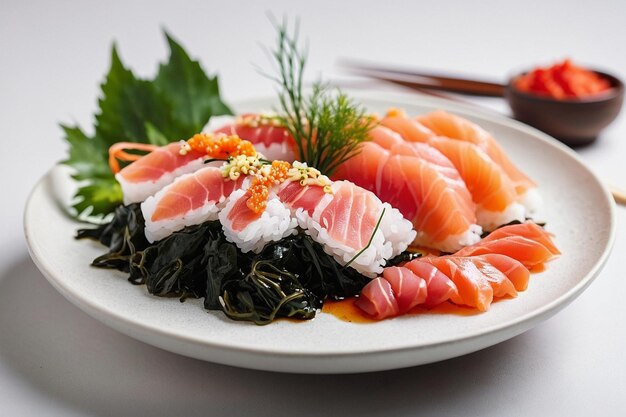 Sashimi with Rice and Seaweed white background