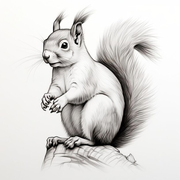 Photo sassy black and white squirrel illustration on unfinished log