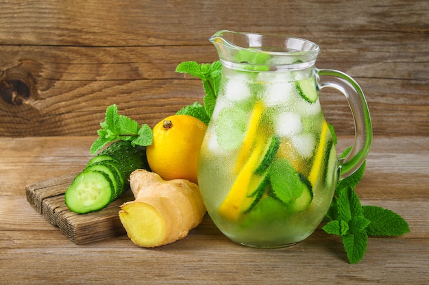 Sassy water. Fresh cool water with cucumber, lemon, ginger and mint. Detox and weight loss.