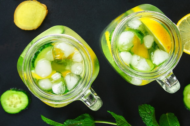 Sassy water. Fresh cool water with cucumber, lemon, ginger and mint. Detox and weight loss.