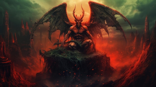 satan in hell sits on the throne