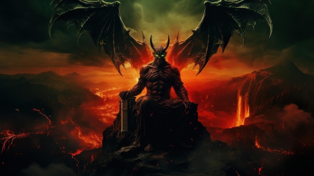 satan in hell sits on the throne