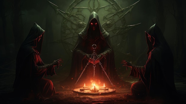 satanic cult perform ritual in front of pentagram