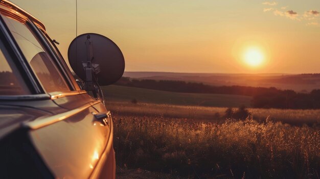 Photo satellite dish on a vintage car road trip vibes sunset horizon nostalgic feel