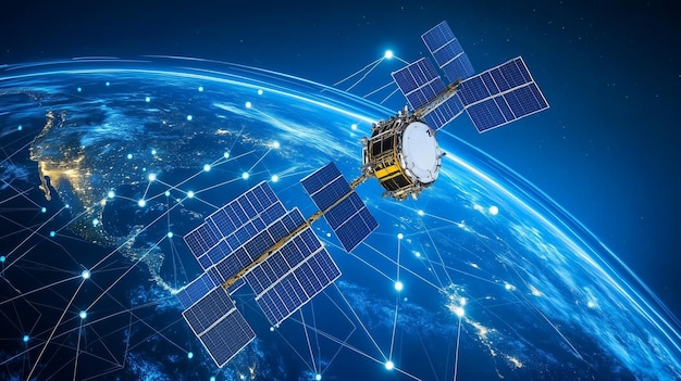 Satellite in orbit with solar panels connected to Earth by network of lines