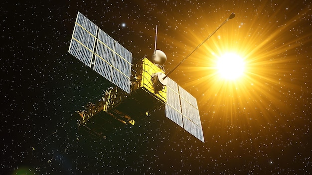 Photo satellite in orbit with solar panels facing the sun