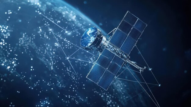 Photo satellite orbiting earth with network connection