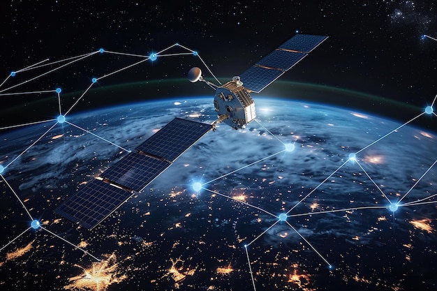 Photo satellite orbiting the planet earth in outer space with glowing blue hexagon network lines background