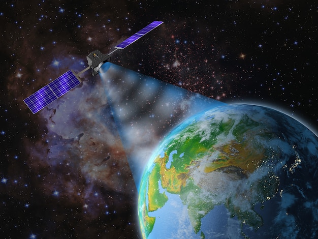 Satellite transmits a signal to the earth. 