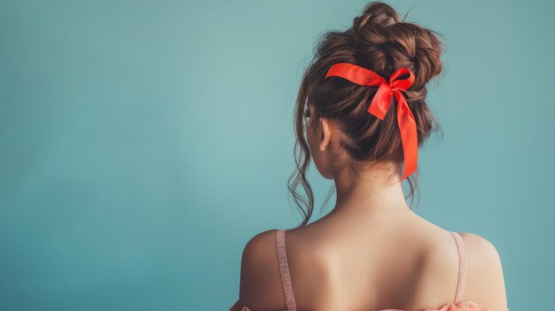 Photo satin ribbon on a womans hair selective focus