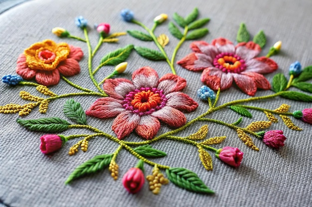 satin stitch embroidery texture of gray cotton fabric with floral pattern