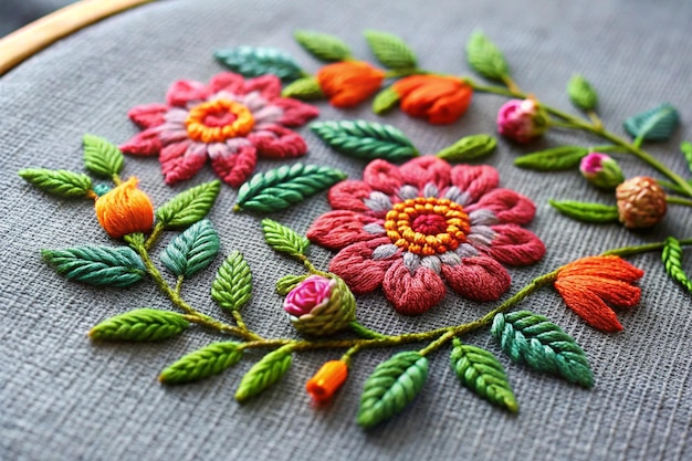 satin stitch embroidery texture of gray cotton fabric with floral pattern