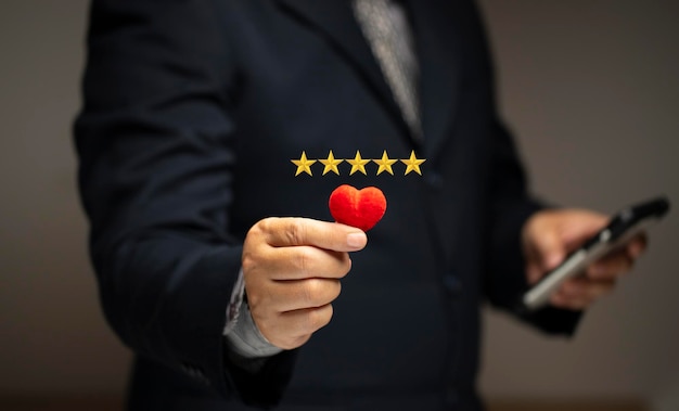 Satisfaction Concept Customer's highest excellent satifaction the service Fivestar rating and a red heart