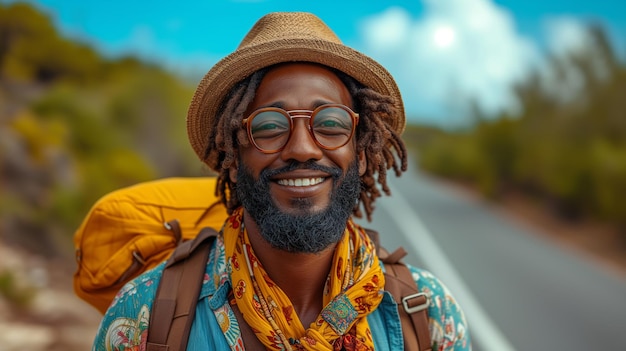 Satisfaction Stroll Black Man Tourist Grins with Trekking Bliss in Sunglasses