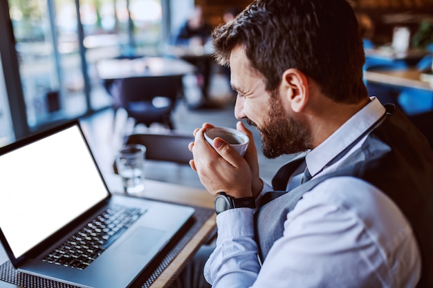 Satisfied caucasian handsome bearded businessman in suit sitting in cafe, drinking coffee and looking at laptop.