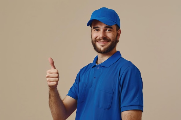 Satisfied delivery guy in uniform giving thumbs up gesture