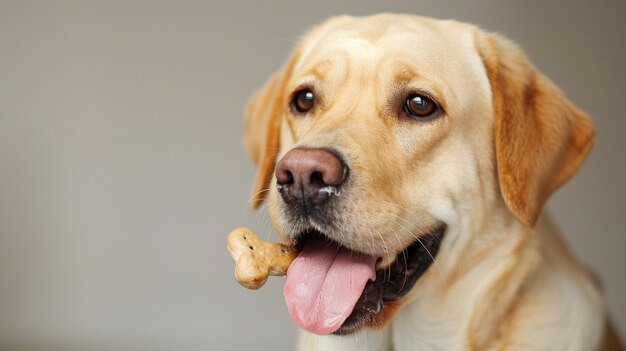 Photo satisfied dog with treat in closeup image