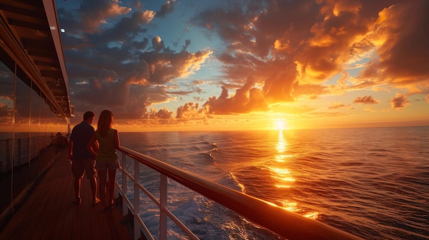 Photo satisfied guests smiling guests enjoying a panoramic ocean sunset from the ship deck indicating a fulfilling travel experience