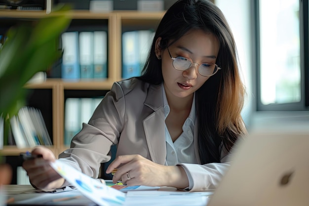 Satisfied Professional Asian Businesswoman Examining Reports at Her Desk