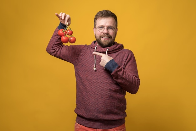 Satisfied smiling bearded man with glasses holds a branch of red ripe tomatoes in hand