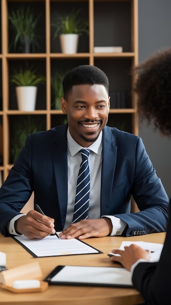 Satisfied smiling businessman in suit signing contract at meeting concept