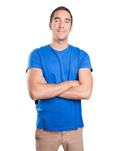 Satisfied young man against white background