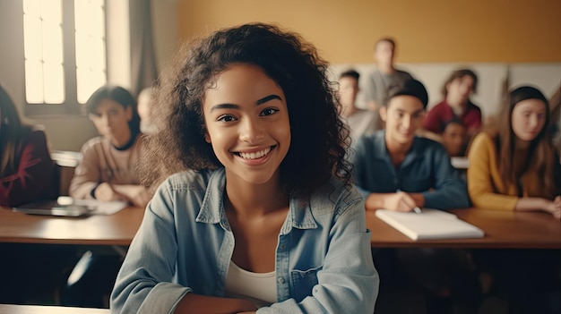 Satisfied young woman looking at camera Team of multiethnic students preparing for university exam Portrait of girl with freckles sitting in a row with her classmates during high school exam