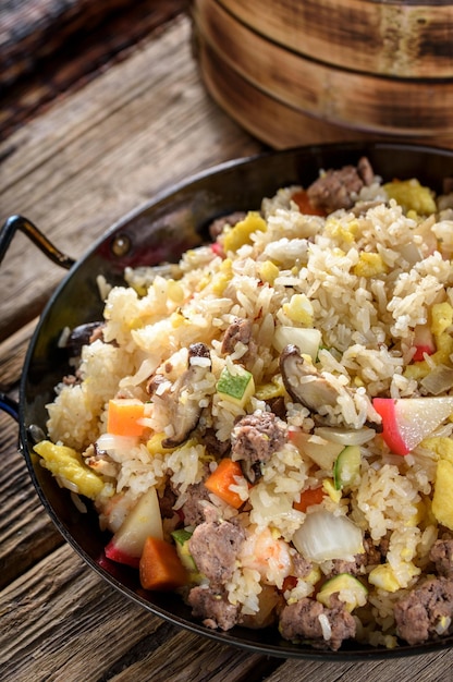 Satisfying Comfort CloseUp of Chicken Fried Rice with Fresh Vegetables Captured in 4K Resolution