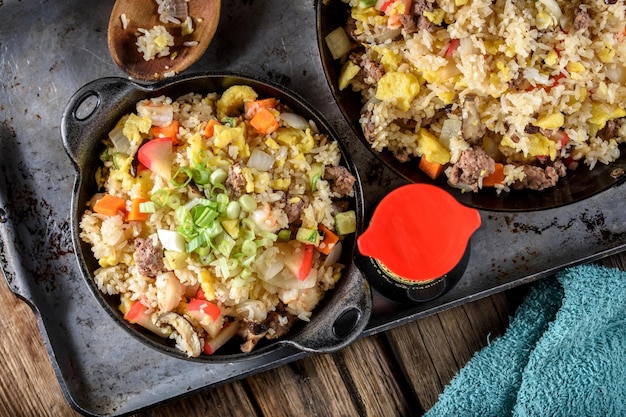 Satisfying Comfort CloseUp of Chicken Fried Rice with Fresh Vegetables Captured in 4K Resolution