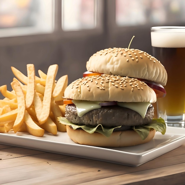 A satisfying snack of burger and fries