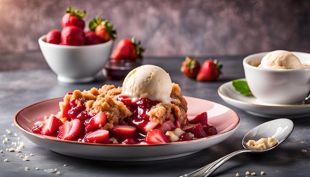 Photo satisfying strawberry rhubarb crumble with vanilla ice cream