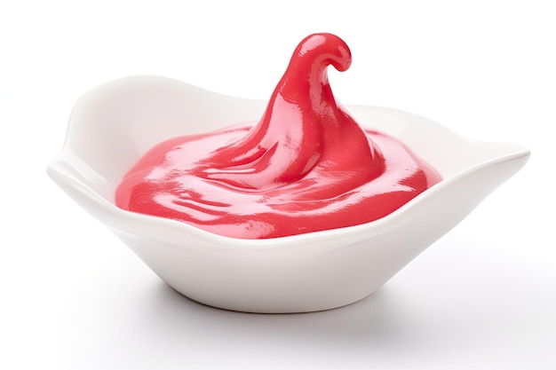 Sauce cup shaped like a magic lamp filled with raspberry yogurt isolated on white background